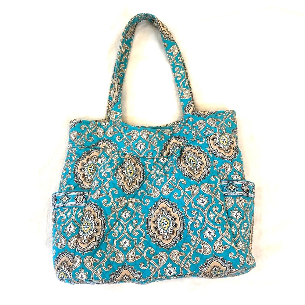 Vera Bradley Teal Blue Medallion Print Quilted Tote Bag Purse Handbag